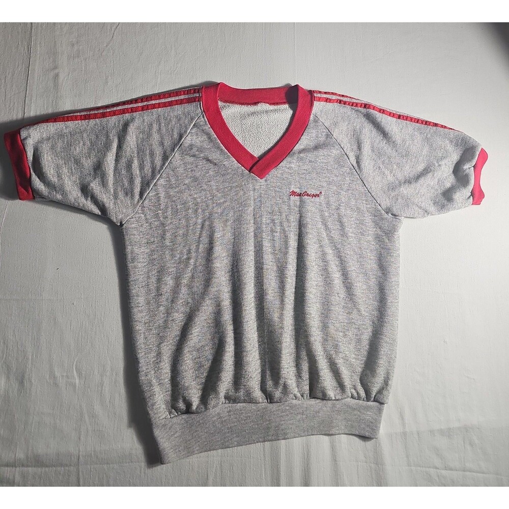 MacGregor Short Sleeve V-Neck Pullover Sweatshirt Heather Gray Red Striped